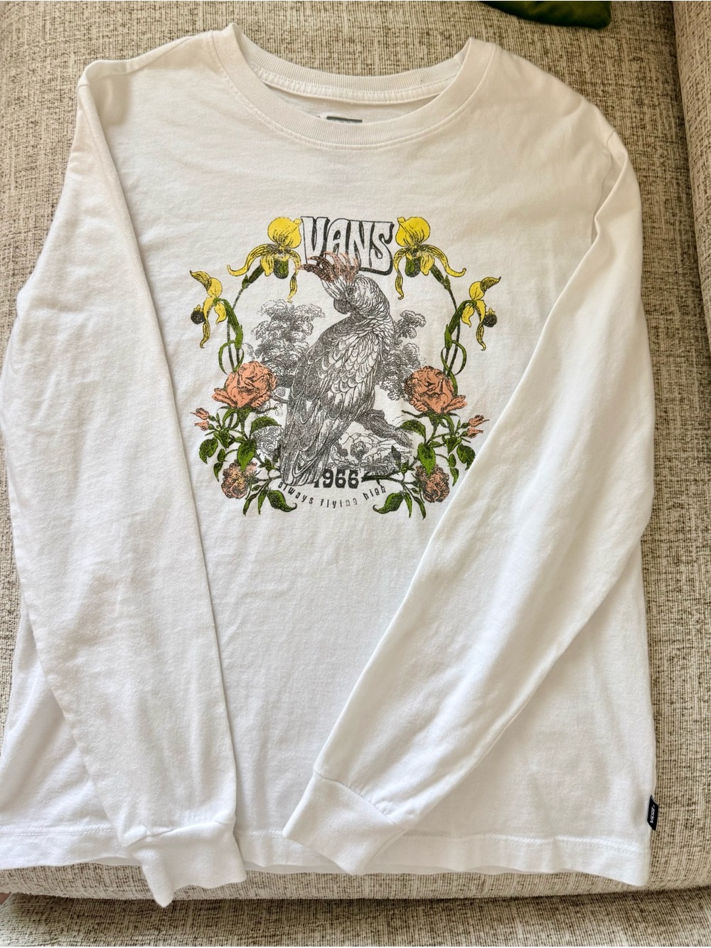 Vans White Long-Sleeve Graphic Tee with Bird & Floral Print - S